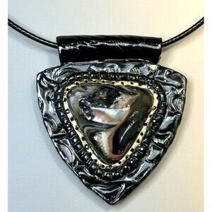 Handmade Black & Copper Large Polymer Clay Pendant Necklace w Black Leather Cord